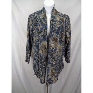 Chicos Blue Beige Jacquard Travel Knit Open Front Cardigan Top Size 2 (12) Large